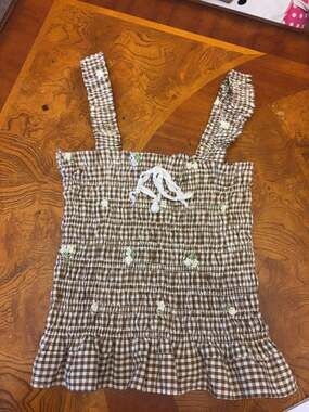 Lotus & Lavender Brown Gingham Floral Embroidered Smocked Tank Top XL